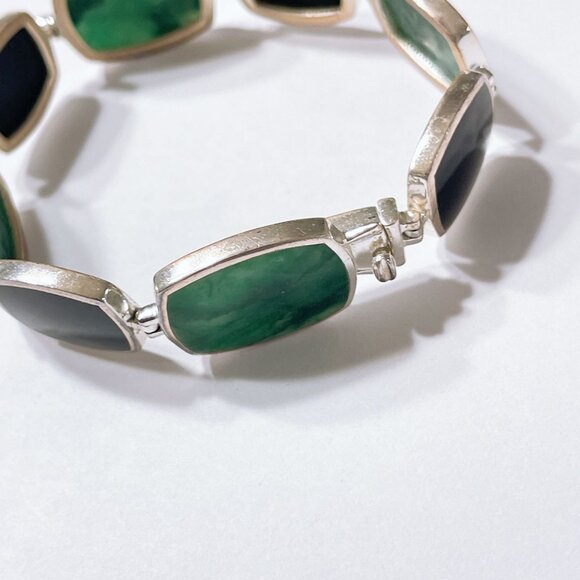 Sterling Silver Green & Black Stone Link Bracelet - Picture 3 of 9